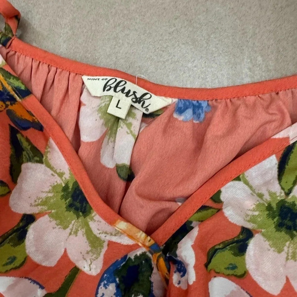 HINT OF BLUSH CORAL FLORAL PRINT OFF THE SHOULDER FAUX WRAP RUFFLE MAXI DRESS L - Picture 12 of 16